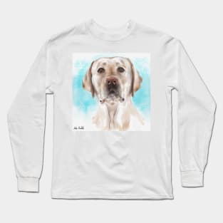Watercolor Portrait of a Curious Yellow Labrador on a Light Blue Background Long Sleeve T-Shirt